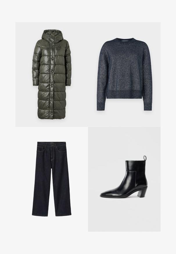 Lang pufferjakke i mørke olivengrøn, med en blank finish, hætte og frontknaplukning. Det kviltede design tilføjer tekstur og isolering.; Marineblå strikket sweater med rund halsudskæring, lange ærmer og en tekstureret overflade med subtile metalliske tråde throughout.; Mørke indigofarvede jeans med vide ben, med frontknap og lynlås, bæltestropper og forlommer, vist på hvid baggrund.; Sort læder ankelstøvle med spids tå, geometrisk stablet hæl og en løftestrop bagpå. Glat tekstur og slankt design.