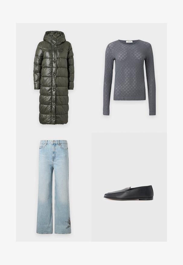 Lang pufferjakke i mørke olivengrøn, med en blank finish, hætte og frontknaplukning. Det kviltede design tilføjer tekstur og isolering.; Grå langærmet sweater med et tekstureret mønster. Blødt strikket materiale og rund halsudskæring. Har en tætsiddende silhuet og en subtil glans.; Lysblå vide jeans lavet af denim, med en falmet tekstur og blomsterbroderi detalje på den nederste venstre ben.; Sorte læderloafers med en glat tekstur, rundet tå og subtile syningsdetaljer. Har en guldfarvet logoaccent på oversiden.