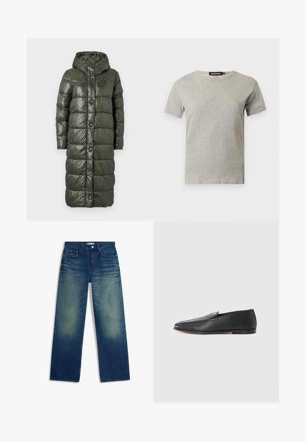 Manteau long en duvet de couleur vert olive foncé, présentant une finition brillante, une capuche et des boutons-pression à l'avant. Le design matelassé ajoute de la texture et de l'isolation.; T-shirt en coton gris clair à manches courtes et col rond avec une étiquette noire visible à l'intérieur du col indiquant "DENIM" et la taille "S."; Jean bleu droit avec des zones délavées sur les cuisses, design à cinq poches, fermeture par bouton et coutures visibles sur la ceinture et les poches.; Mocassins en cuir noir à texture lisse, bout arrondi et détails de couture subtils. Ils présentent un accent logo doré sur le côté supérieur.