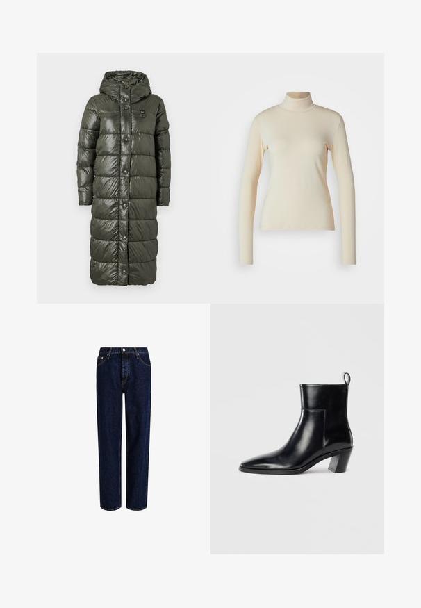 Manteau long en duvet de couleur vert olive foncé, présentant une finition brillante, une capuche et des boutons-pression à l'avant. Le design matelassé ajoute de la texture et de l'isolation.; Haut à col roulé à manches longues de couleur crème, fabriqué en tissu lisse et extensible ; design ajusté avec un col haut et sans motifs ni accents visibles.; Jeans en denim bleu foncé avec une coupe droite, dotés d'une taille haute, d'un style à cinq poches et de coutures contrastantes. Sans embellissements.; Bottine en cuir noir avec un bout pointu, un talon empilé géométrique et une languette à l'arrière. Texture lisse et design épuré.