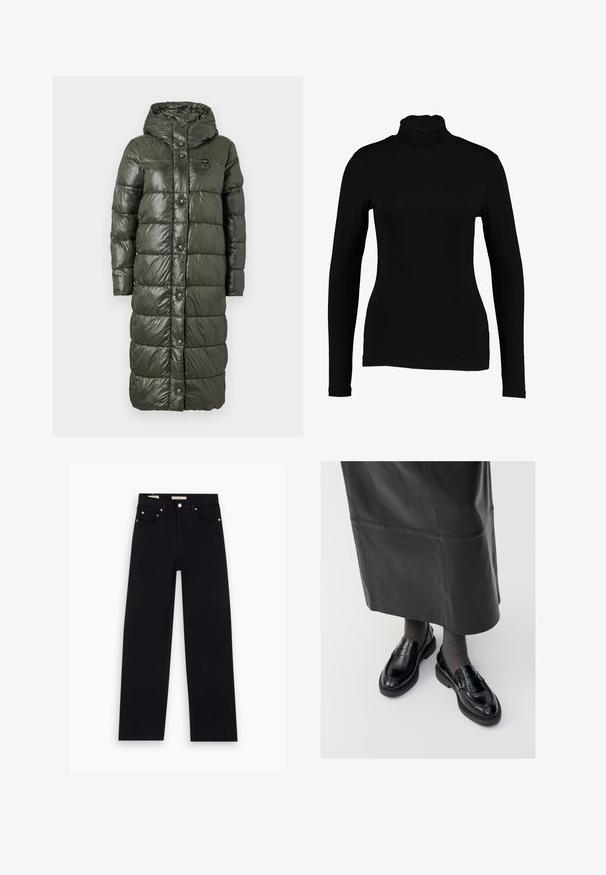 Lange pufferjas in donker olijfgroen, met een glanzende afwerking, capuchon en drukknopen aan de voorkant. Gevoerde ontwerp voegt textuur en isolatie toe.; Zwart lange mouw turtleneck top van gladde stof, met een aansluitend ontwerp en hoge hals, geschikt voor layering of als standalone kleding.; Zwarte denim jeans met een recht model, vijf zakken, koperen hardware en een gladde textuur. Twee labels zichtbaar op de tailleband.; Zwarte leren loafers met een gladde afwerking, voorzien van een decoratieve band, ronde neus en gestructureerde zool. Draagt met een lange zwarte leren rok.