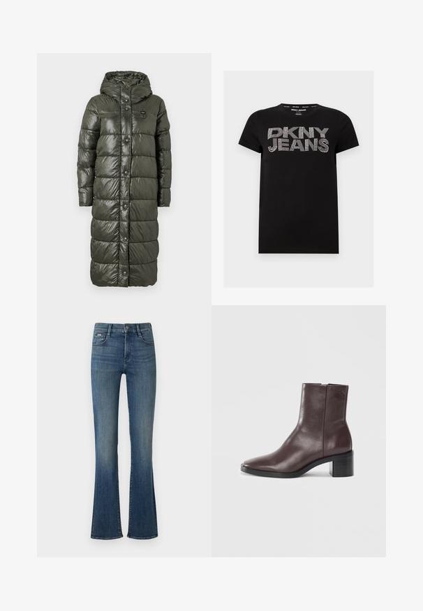 Manteau long en duvet de couleur vert olive foncé, présentant une finition brillante, une capuche et des boutons-pression à l'avant. Le design matelassé ajoute de la texture et de l'isolation.; T-shirt noir à manches courtes avec le texte « DKNY JEANS » en motif de points blancs centré sur la poitrine.; Jean flare bleu foncé en denim, avec une taille haute, un bouton à l'avant et une légère décoloration le long des jambes.; Bottine en cuir marron foncé avec un orteil carré, un talon bloc et un logo embossé subtil près du haut sur fond blanc uni.