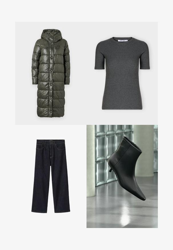 Lange pufferjas in donker olijfgroen, met een glanzende afwerking, capuchon en drukknopen aan de voorkant. Gevoerde ontwerp voegt textuur en isolatie toe.; Donkergrijs, gebreid T-shirt met korte mouwen, ronde hals, slim fit en eenvoudig ontwerp, weergegeven op een witte achtergrond.; Donker indigo wijde jeans met voor knoop- en ritssluiting, riemlussen en voorzakken, afgebeeld op een witte achtergrond.; Zwarte leren enkellaars met spits toelopende neus en lage kittenhak, schuin weergegeven tegen een gepolijste vloer en een glazen blokken muur als achtergrond.