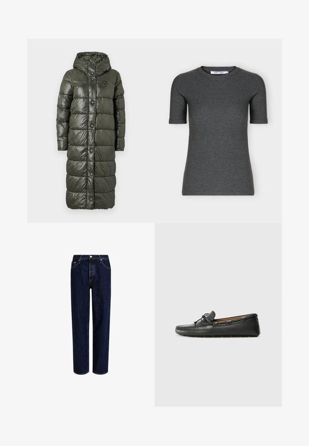 Langer Puffer-Mantel in dunkelolivgrün, mit glänzender Oberfläche, Kapuze und Druckknöpfen vorne. Gepolstertes Design sorgt für Textur und Isolation.; Dunkelgraues kurzärmeliges Strickshirt mit Rundhalsausschnitt, schmaler Passform und schlichtem Design auf weißem Hintergrund.; Dunkelblaue Denim-Jeans mit geradem Bein, hoher Taille, fünf Taschen und kontrastierenden Nähten. Ohne Verzierungen.; Schwarze Lederbootsschuhe mit rundem Zehenbereich, gestickten Details, kleinem Schleifenakzent und Gummisohle. Glatte Textur und schlankes Design.