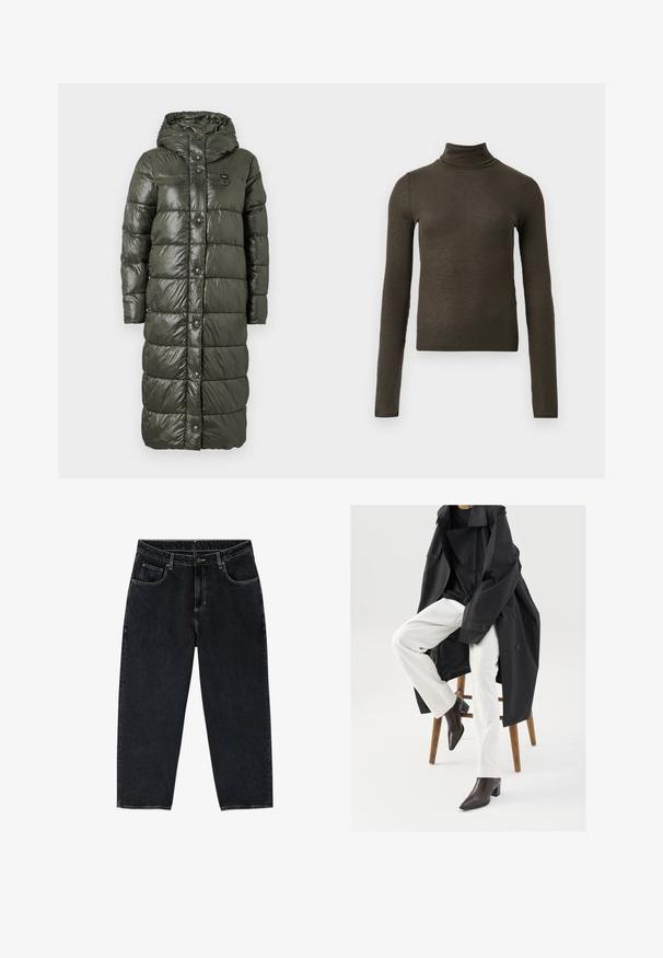 Lange pufferjas in donker olijfgroen, met een glanzende afwerking, capuchon en drukknopen aan de voorkant. Gevoerde ontwerp voegt textuur en isolatie toe.; Donkergroene ribgebreide turtleneck met lange mouwen, slim fit en iets cropped lengte op een effen lichte achtergrond.; Zwarte denim jeans met een relaxed fit, voorzien van vijf zakken, een knoopsluiting en contrasterende stiksels langs de naden.; Zwarte, oversized trenchcoat over een zwart top, gecombineerd met witte broek en bruine, puntige enkellaarsjes, zittend op een houten kruk.