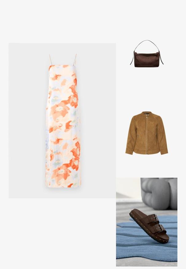 Brun ruskindsjakke med ståkrave, frontlynlås og to sidelommer. Glat tekstur og skræddersyet pasform med sømdetaljer.; Blomster maxi kjole i pastelfarver med orange og lys blå abstrakte mønstre, med justerbare spaghetti stropper og en glat tekstur.; Brune slip-on sandaler med to justerbare spænder, nittebesætning langs sålen og en tekstureret fodseng på et blåt tæppe.; Brun tekstureret stof skuldertaske med en enkelt tynd rem og en top lynlås lukning, sat mod en ensfarvet hvid baggrund.