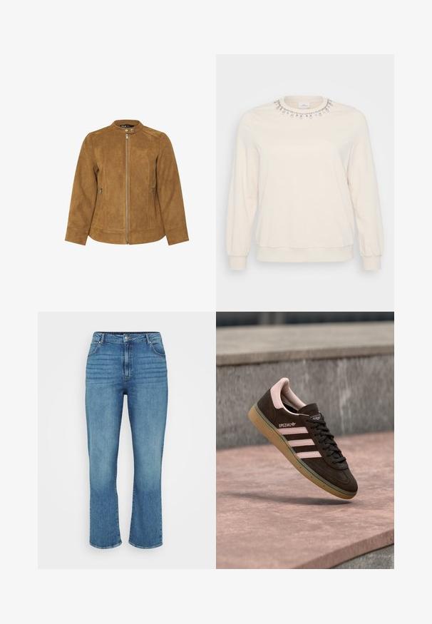 Brun ruskindsjakke med ståkrave, frontlynlås og to sidelommer. Glat tekstur og skræddersyet pasform med sømdetaljer.; Lys beige sweatshirt med lange ærmer, rund halsudskæring og dekorative krystaludsmykninger langs kraven. Blød stoftekstur.; Lysblå denimjeans med lige ben design, der har fem lommer, bæltestropper og subtil falming foran.; Mørkebrun ruskindsneaker med pink detaljer, der har tre pink striber, en tekstureret sål og en logo på siden. Klassisk lavprofil-design.