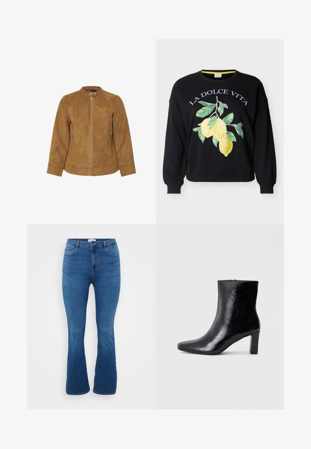 Brun ruskindsjakke med ståkrave, frontlynlås og to sidelommer. Glat tekstur og skræddersyet pasform med sømdetaljer.; Sort crewneck-sweatshirt med teksten "LA DOLCE VITA" og en grafik af tre gule citroner med grønne blade på forsiden.; Flared denim jeans i mellemblå, med høj talje, forkostlommer og en glat struktur med minimal syning detaljer.; Sorte ankelstøvler lavet af blank læder, med spidse tæer og en mellemstor blokhæl, med en glat tekstur og et enkelt design.