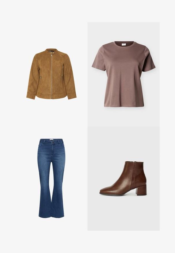 Brun ruskindsjakke med ståkrave, frontlynlås og to sidelommer. Glat tekstur og skræddersyet pasform med sømdetaljer.; Kortærmet, rundhalset T-shirt i mauve-brun bomuld med en løs pasform vist mod en ensfarvet lys baggrund.; Blå højtaljede denimjeans med knapper og lynlås foran, let falmning på lårene og flared benåbninger.; Brune læder ankelstøvler med spids tå og blokhæl. Har en lynlås i siden og en glat overflade med minimal syning.