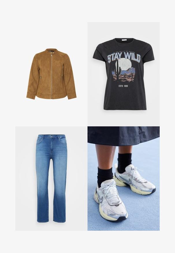 Brun ruskindsjakke med ståkrave, frontlynlås og to sidelommer. Glat tekstur og skræddersyet pasform med sømdetaljer.; Sort bomulds t-shirt med et grafisk print af en ørken-scene med kaktusser, en måne og sætningen "STAY WILD" i blå skrifttype.; Lysblå denimjeans med lige snit, fem-lomme design og en slidt effekt ved kanten. Knaplukning i taljen.; Hvide og sølv Nike sneakers med mesh-stof, reflekterende detaljer og en beige sål. Bæres med sorte sokker og står på en blå overflade.