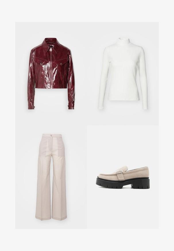 Afskåret bordeaux læderjakke med en blank finish, spidse kraver, lynlåslukning foran og to brystlommer med trykknapper.; Hvid ribbet turtleneck blouse med lange ærmer, lavet af elastisk stof. Har et tætsiddende design og høj hals for god dækning.; Beige brede bukser lavet af et letvægtigt vævet stof, med høj talje, enkelt frontknaplukning og en subtil tekstur.; Beige ruskindslipper med sølvspænde og tyk sort kraftig sål, set fra siden på hvid baggrund.