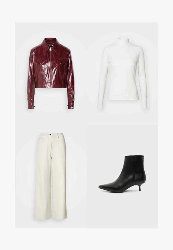 Afskåret bordeaux læderjakke med en blank finish, spidse kraver, lynlåslukning foran og to brystlommer med trykknapper.; Hvid ribbet turtleneck blouse med lange ærmer, lavet af elastisk stof. Har et tætsiddende design og høj hals for god dækning.; Cremefarvede bukser med brede ben lavet af glat stof. Har en mellemhøj talje, lynlås i gulvet og to frontlommer med sorte hardware accenter.; Sort læder ankelstøvle med spids tå og lav kitten hæl på lys baggrund, der viser yderside.
