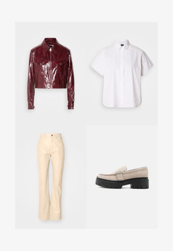 Chaqueta de cuero burdeos recortada con un acabado brillante, cuello puntiagudo, cierre frontal con cremallera y dos bolsillos en el pecho con botones a presión.; Camisa blanca de manga corta con botones, cuello con puntas y dobladillo curvado. Fabricada en algodón con una textura suave y sin patrones visibles.; Pantalones acampanados de imitación de cuero beige con una textura suave, que cuentan con bolsillos frontales, cierre de botón y un acabado ligeramente brillante.; Mocasín de ante beige con hebilla plateada y suela negra gruesa y gruesa, vista lateral sobre fondo blanco.