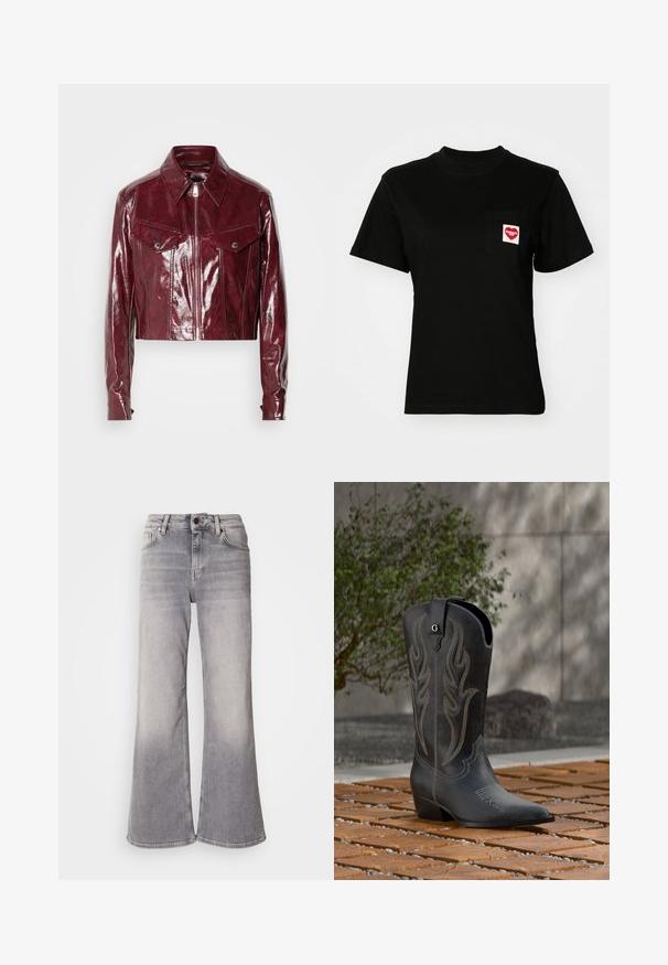 Korte bordeaux leren jack met een glanzende afwerking, spitse kraag, ritssluiting aan de voorkant en twee borstzakken met drukknoopsluitingen.; Zwarte katoenen t-shirt met een ronde hals en korte mouwen. Heeft een borstzak met een rood hartlogo en witte tekst.; Mos Mosh HERA - Flared Jeans - grey; Zwarte cowboylaars met decoratieve stiksels, puntige neus en hak, staand op houten tegels met een groene struik en een betonnen muur op de achtergrond.