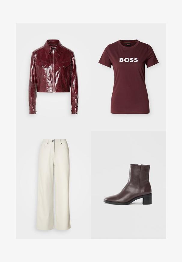Chaqueta de cuero burdeos recortada con un acabado brillante, cuello puntiagudo, cierre frontal con cremallera y dos bolsillos en el pecho con botones a presión.; Camiseta de manga corta color granate con cuello redondo y logo blanco de BOSS centrado en el pecho, presentada sobre un fondo claro y liso.; Pantalones de pierna ancha color crema, confeccionados en una tela suave. Cuentan con una cintura de altura media, cierre con cremallera y dos bolsillos delanteros con detalles en hardware negro.; Botín de cuero marrón oscuro, con punta cuadrada, tacón bloque y logotipo sutilmente grabado cerca de la parte superior, sobre un fondo blanco liso.