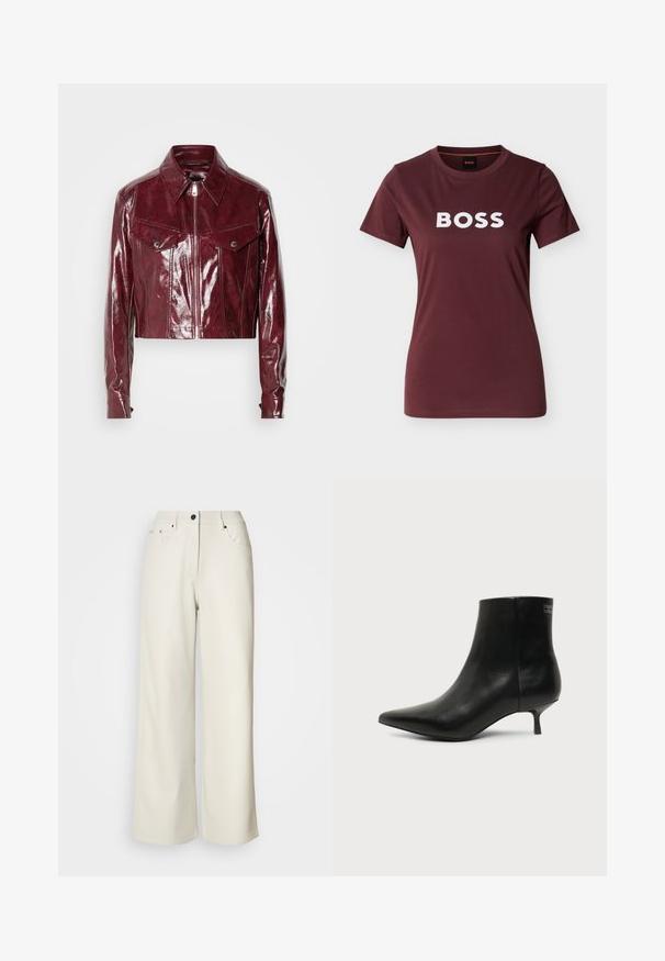 Chaqueta de cuero burdeos recortada con un acabado brillante, cuello puntiagudo, cierre frontal con cremallera y dos bolsillos en el pecho con botones a presión.; Camiseta de manga corta color granate con cuello redondo y logo blanco de BOSS centrado en el pecho, presentada sobre un fondo claro y liso.; Pantalones de pierna ancha color crema, confeccionados en una tela suave. Cuentan con una cintura de altura media, cierre con cremallera y dos bolsillos delanteros con detalles en hardware negro.; Botín de piel negra con puntera puntiaguda y tacón bajo estilo kitten sobre fondo claro, mostrando vista lateral exterior.