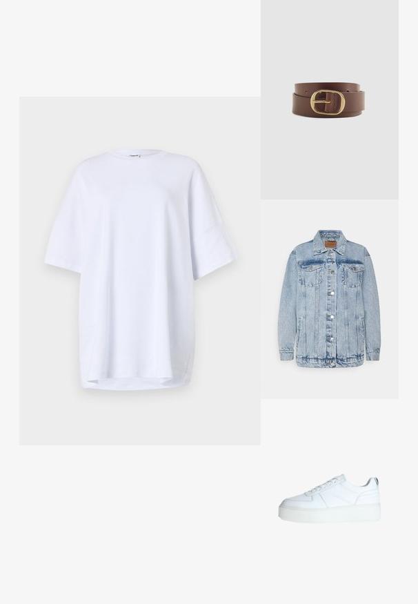 Lichtblauwe denimjas met een knoopsluiting aan de voorkant, twee borstzakken en zijzakken. Voorzien van een klassieke kraag en gestikte details.; Korte mouwen, oversized wit T-shirt van katoen. Ronde halslijn, zijsplitsen aan de zoom en een gladde textuur zonder zichtbare patronen of accenten.; Witte leren sneakers met een ronde neus, vetersluiting, dikke witte zool en subtiele stiksels aan de zijkant.; Bruine lederen riem met een ovale gouden gesp, opgerold tegen een effen lichte achtergrond.
