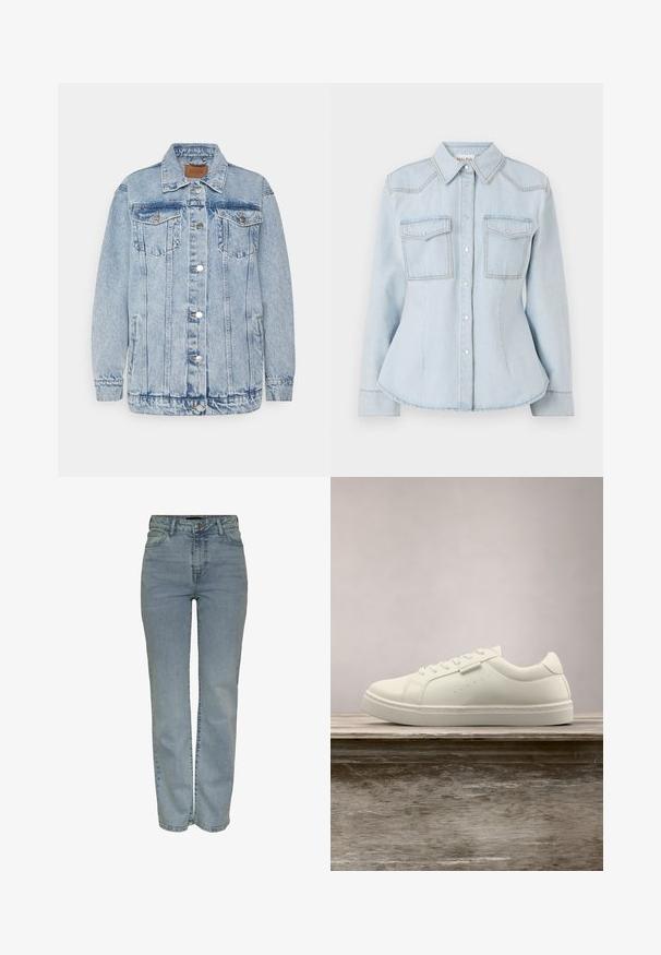 Lichtblauwe denimjas met een knoopsluiting aan de voorkant, twee borstzakken en zijzakken. Voorzien van een klassieke kraag en gestikte details.; Lichtblauw denim shirt met een getailleerd ontwerp, spitse kraag, twee borstzakken en contrasterende stiksels. Voorzien van knoopsluiting en lange mouwen.; Lichtblauwe hoge taille straight-leg jeans met een sluiting met knoop en rits aan de voorkant, vijf zakken en riemlussen.; Witte leren sneaker met veters die boven een houten bank zweeft, met groen lang gras dat op de achtergrond vervaagd is in de buitenlucht.