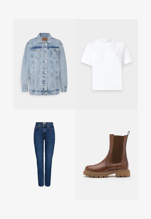 Lichtblauwe denimjas met een knoopsluiting aan de voorkant, twee borstzakken en zijzakken. Voorzien van een klassieke kraag en gestikte details.; Effen witte katoenen T-shirt met korte mouwen, ronde hals en rechte zoom, getoond op een witte achtergrond.; Donkerblauwe spijkerbroek met rechte pijpen, hoge taille, vijf zakken, lichte stiksels en een subtiele textuur.; Bruine leren enkelboot met elastische panelen en een trekomed. Kenmerkt zich door een robuuste rubberen zool en zichtbare stiksels langs de randen.
