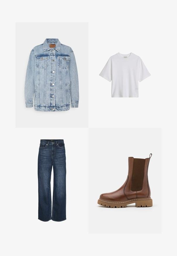 Lichtblauwe denimjas met een knoopsluiting aan de voorkant, twee borstzakken en zijzakken. Voorzien van een klassieke kraag en gestikte details.; Wit katoenen T-shirt met korte mouwen en een ronde hals, losse pasvorm, effen voorkant met zichtbare kraaglabel tegen een effen achtergrond.; Wijd-uitlopende denim jeans in een donkerblauwe wassing, met een vijf-pocket ontwerp, riemlussen en subtiele vervaging aan de voorkant. Klassieke knoopsluiting.; Bruine leren enkelboot met elastische panelen en een trekomed. Kenmerkt zich door een robuuste rubberen zool en zichtbare stiksels langs de randen.
