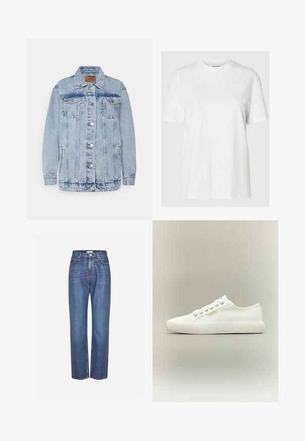 Veste en denim bleu clair avec une fermeture à boutons, deux poches poitrine et des poches latérales. Présente un col classique et des détails en surpiqûres.; T-shirt en coton blanc avec des manches courtes et un col rond. Présente une coupe décontractée et un design minimal sans motifs ni accents.; Jean en denim bleu clair avec une coupe droite, présentant une fermeture à bouton, un style à cinq poches et un léger dégradé sur le tissu.; Baskets basses blanches en toile avec semelle en caoutchouc texturée, lacets blancs et petite étiquette Calvin Klein sur le côté.