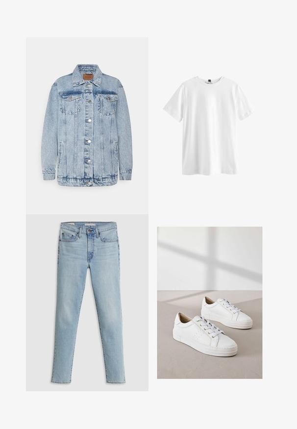 Lichtblauwe denimjas met een knoopsluiting aan de voorkant, twee borstzakken en zijzakken. Voorzien van een klassieke kraag en gestikte details.; Effen wit T-shirt met korte mouwen en ronde hals met een zwart label aan de binnenkant van de kraag, plat weergegeven op een witte achtergrond.; Lichtblauwe denim jeans met een recht model, vijf-pocketstijl en subtiele vervaging bij de dijen. Voorzien van metalen beslag en stiksels.; Witte sneakers van gestructureerd leer, met ronde neuzen, platte witte zolen en gouden oogjes voor de veters. Minimalistisch ontwerp met perforatiedetails.