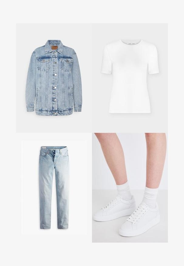 Veste en denim bleu clair avec une fermeture à boutons, deux poches poitrine et des poches latérales. Présente un col classique et des détails en surpiqûres.; T-shirt blanc à manches courtes avec col rond, coupe slim et texture de tissu côtelé, présenté sur un fond uni gris clair.; Jean en denim bleu clair avec une coupe droite, cinq poches et des fermetures à boutons métalliques sur une ceinture standard.; Copenhagen Studios CPH72 - Baskets basses - white