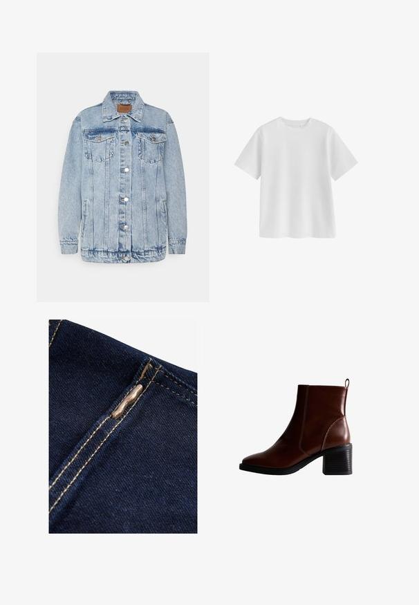 Helle blaue Denimjacke mit einer Knopfleiste, zwei Brusttaschen und Seitentaschen. Mit klassischem Kragen und gesteppten Details.; Schlichtes weißes T-Shirt mit kurzen Ärmeln und Rundhalsausschnitt, regulärer Passform und glatter Stoffstruktur auf weißem Hintergrund.; Next REGULAR FIT - WIDE LEG - Flared Jeans - rinse blue; Braune Leder-Ankle-Boots mit quadratförmiger Spitze und seitlicher Naht, einem 7,5 cm hohen Blockabsatz und einem Ziehhilfen an der Rückseite für einfaches An- und Ausziehen.
