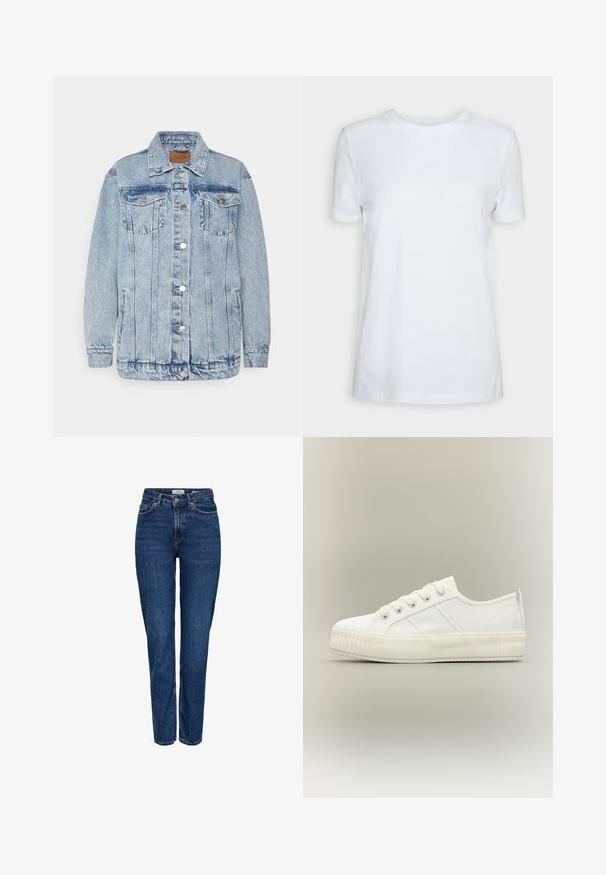 Lyseblå denimjakke med knaplukning foran, to brystlommer og sidelommer. Har klassisk krave og syningsdetaljer.; Simpel hvid T-shirt med korte ærmer og rund hals, normal pasform og et lille indvendigt mærke på nakken med teksten "SELECTED FEMME."; Mørkeblå denimjeans med lige ben, høj talje, fem lommer, lyse syninger og en diskret struktureret finish.; Hvid lavtop sneaker med tyk ribbet sål, snørelukning foran og trækflap på hælen mod en neutral baggrund.
