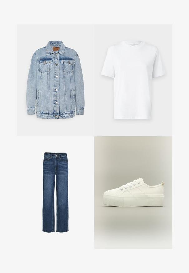 Veste en denim bleu clair avec une fermeture à boutons, deux poches poitrine et des poches latérales. Présente un col classique et des détails en surpiqûres.; T-shirt en coton blanc à col rond, avec des manches courtes et une texture lisse. Conçu avec une coupe décontractée pour plus de confort et de polyvalence.; VILA JAF HW- NOOS - Jean droit - m blue denim; Baskets à plateforme blanches avec semelle épaisse texturée, lacets à l'avant et détails discrets de couture sur un fond neutre.