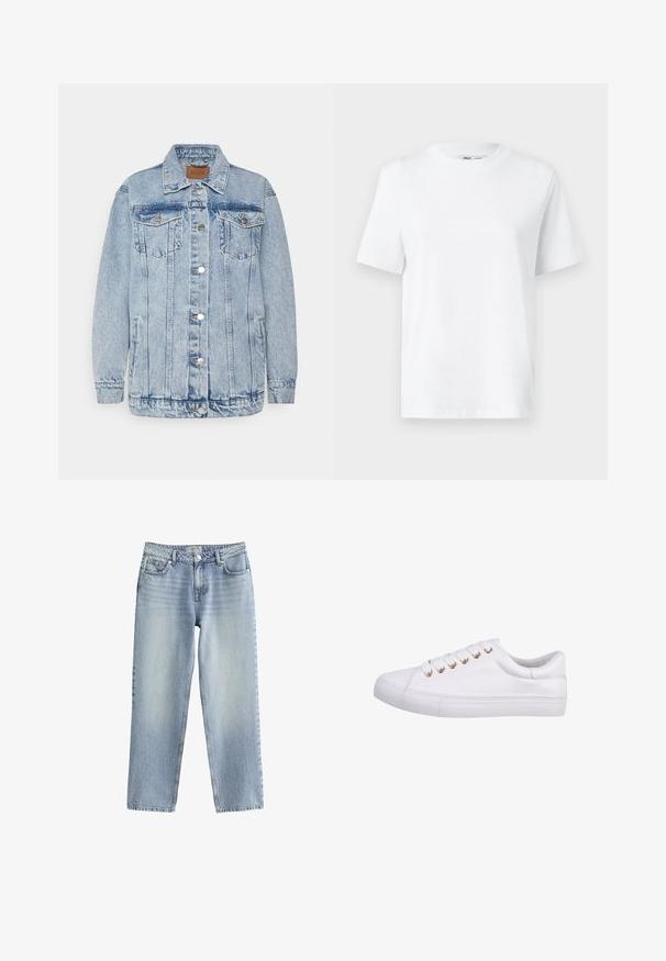 Lichtblauwe denimjas met een knoopsluiting aan de voorkant, twee borstzakken en zijzakken. Voorzien van een klassieke kraag en gestikte details.; Witte katoenen T-shirt met ronde hals, korte mouwen en een gladde textuur. Ontworpen met een comfortabele en veelzijdige relaxte pasvorm.; Lichtblauwe denim jeans met een recht model, hoge taille en subtiele vervaging. Voorzien van een knoopsluiting en standaard vijf zakken.; Witte sneaker van gestructureerd leer met zes metalen oogjes, platte veters en een rubberen zool. Klassiek laag model zonder patronen.
