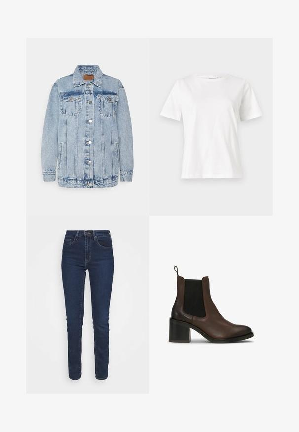 Veste en denim bleu clair avec une fermeture à boutons, deux poches poitrine et des poches latérales. Présente un col classique et des détails en surpiqûres.; T-shirt en coton blanc à manches courtes, col rond et coupe décontractée. Texture lisse, sans motifs ni accents, design minimaliste.; Jean en denim bleu foncé avec une coupe slim, taille mi-haute, poches avant et fermeture éclair. Le tissu a une texture lisse.; Bottes cheville en cuir marron avec panneaux latéraux élastiques, talon bloc, texture lisse et languette à l'arrière pour un enfilage facile.