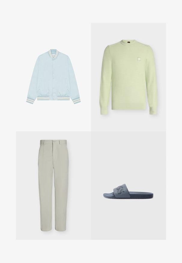 Veste bomber bleu clair avec boutons-pression, col, poignets et ourlet côtelés rayés blanc et bleu, et deux poches avant.; Pull en maille vert clair à col rond et manches longues, avec un motif texturé subtil et un petit patch logo carré sur la poitrine.; Pantalon beige clair à jambe droite, fermeture à bouton, passants de ceinture et plis sur le devant, présenté sur un fond blanc uni.; Sandale bleue avec une tige en caoutchouc présentant un logo en relief, une semelle intérieure texturée et une semelle plate pour le confort. Le design est minimaliste.