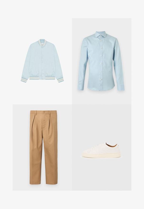 Veste bomber bleu clair avec boutons-pression, col, poignets et ourlet côtelés rayés blanc et bleu, et deux poches avant.; Chemise habillée homme manches longues bleu clair avec boutons blancs et col pointu, présentée sur un fond uni.; Pantalons en coton beige avec une coupe décontractée, un design plissé, une taille avec fermeture à bouton, et une coupe droite. Texture lisse sans motifs.; Baskets blanches basses avec un design à lacets, des détails de couture minimalistes, et une semelle couleur crème sur un fond gris clair.