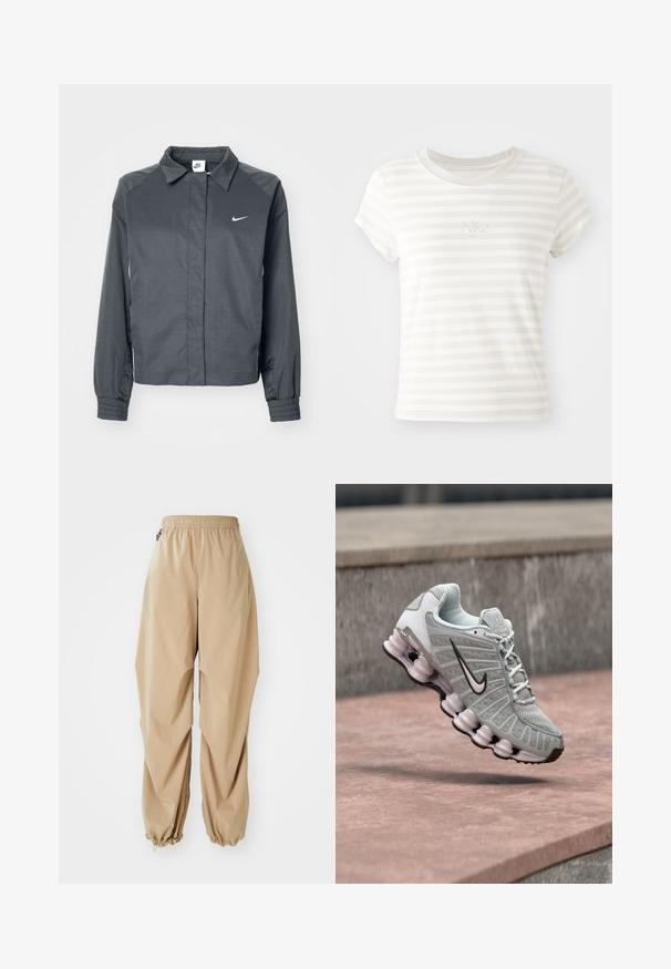 Nike Sportswear Let jakke / Sommerjakker - black; Hvidstribet kortærmet t-shirt lavet af blød bomuld. Har en rund halsudskæring og et lille broderet Nike-logo på brystet.; Beige letvægtsbukser med elastisk talje, tapered manchetter og en glat tekstur, der har en afslappet pasform og ingen synlige mønstre eller udsmykninger.; Lysegrå Nike-sneaker med sort swoosh-logo, hvide snørebånd og karakteristisk forårsagtig sål, vist svævende over en stensurface.