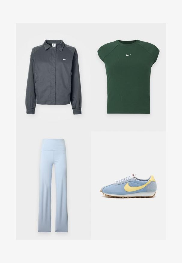 Nike Sportswear Let jakke / Sommerjakker - black; Mørkegrøn ribbet kortærmet atletisk top med rund hals, der har et lille hvidt Nike swoosh-logo på brystet.; Lyseblå udvidede yogabukser med bred linning, glat tekstur og subtilt mærkelogo nær hoften. Ingen mønstre eller hardware-detaljer.; Blå mesh- og ruskinds-sneakers med gul Nike swoosh, hvide snørebånd og lysebrun sål; klassisk atletisk design.