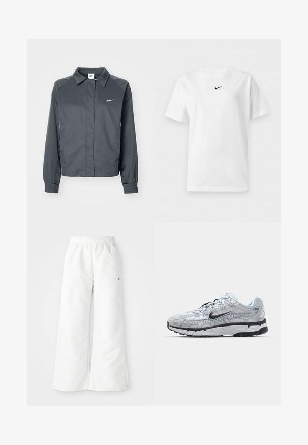 Nike Sportswear Let jakke / Sommerjakker - black; Hvid t-shirt med korte ærmer og rund halsudskæring med et lille sort Nike Swoosh-logo centreret nær kraven.; Hvide atletiske bukser med et bredbenet design, elastisk talje og et lille sort Nike-logo på venstre side. Glat, let materiale.; Nike P-6000 sneakers med en lys grå mesh overdel, sorte accenter og en holdbar sort gummisål. Har et detaljeret design og snøresystem.