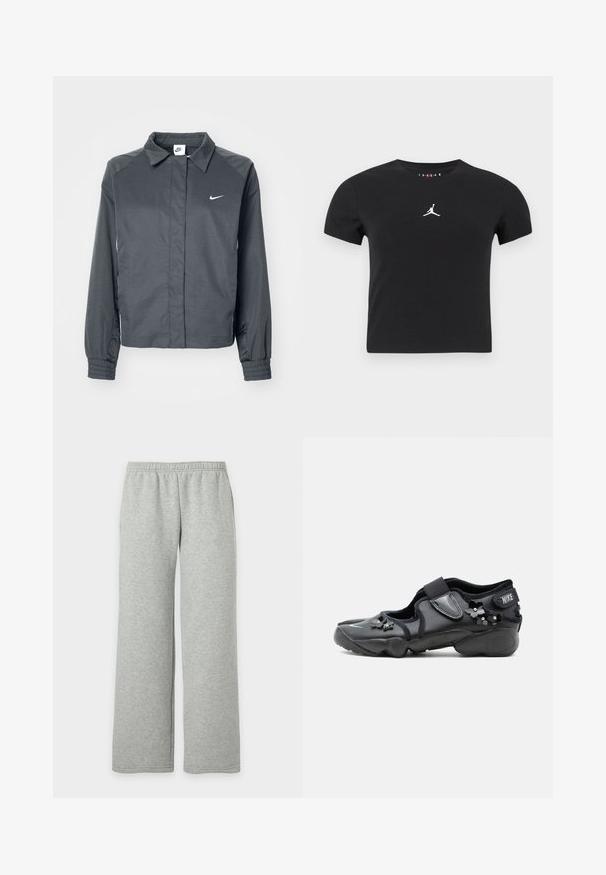 Nike Sportswear Let jakke / Sommerjakker - black; Sort kortærmet cropped T-shirt med hvidt Jumpman-logo centreret på brystet mod en plain baggrund.; Lysegrå joggingbukser med elastisk talje og brede, lige ben, vist på en ensfarvet hvid baggrund.; Sort Nike Air sko med velcrorem, dekoreret med små sorte blomsterudsmykninger på siden og foran.