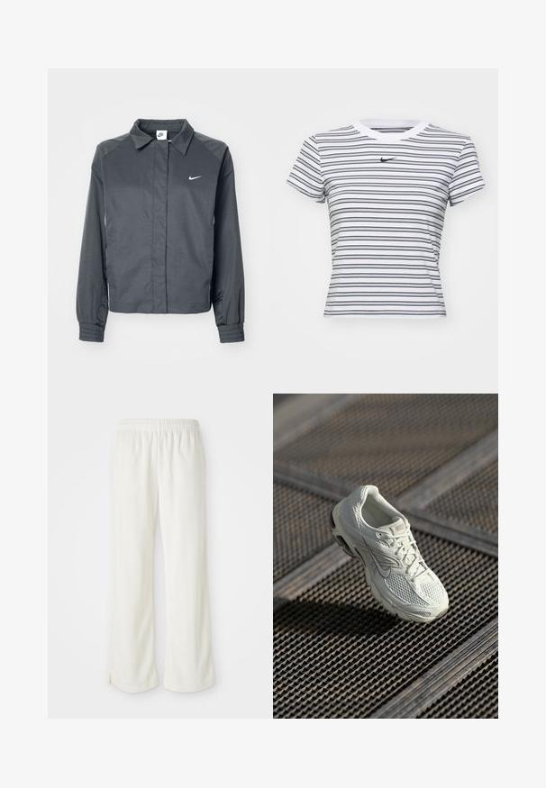 Nike Sportswear Let jakke / Sommerjakker - black; Hvid og marineblå stribet kortærmet t-shirt med rund halsudskæring og et lille sort Nike-logo på brystet. Fremstillet af bomuldsmateriale.; Cremefarvede bukser med bred ben-design, lavet af letvægtsmateriale, med lodrette striber og en elastisk talje.; Hvide Nike løbesko med overdel i mesh og syntetisk materiale, som hviler på metalristgulv i blødt naturligt lys.