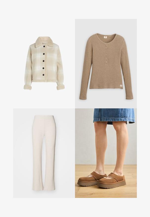 Chaqueta de cuadros beige con cuello de borreguillo, botones negros y puños de textura suave. Diseño recortado con dos bolsillos frontales.; Camisa henley de punto gofre beige de manga larga con escote redondo y tapeta con cinco botones, presentada plana sobre fondo blanco.; Pantalones de punto acanalado en crema con un diseño de pierna acampanada, que presentan una cintura alta y una textura suave. La tela parece elástica y suave.; Zapatos de plataforma de ante marrón con punta redonda, detalles recortados y una suela resistente, acompañados de una falda de mezclilla en un entorno de suelo de madera.