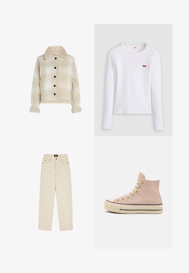 Chaqueta de cuadros beige con cuello de borreguillo, botones negros y puños de textura suave. Diseño recortado con dos bolsillos frontales.; Camiseta blanca de manga larga Levi's con cuello redondo y pequeño logo rojo de Levi's en el pecho izquierdo, presentada sobre un fondo liso.; Pantalones de algodón beige con corte recto, dos bolsillos frontales y cierre de botón. Cuenta con cinco pasadores para el cinturón y detalles de costura sutiles.; Zapatillas altas en ante rosa claro con ojetes dorados, una suela de goma beige y ribete negro alrededor de la suela. Diseño clásico de capuchón en la punta.