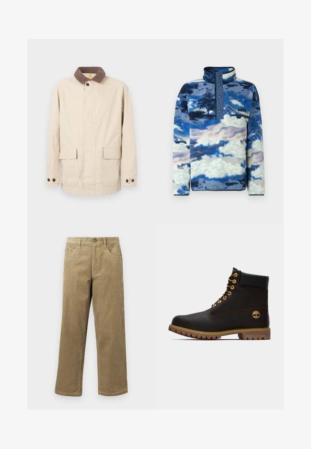 Veste beige en coton avec un col en velours côtelé marron, dotée de deux poches avant et de boutons décoratifs sur les manches.; Pull-over en polaire bleu et blanc avec motif de nuages, patte de boutonnage pressionnée et poche poitrine zippée.; Pantalon en velours côtelé marron clair, avec une coupe droite, cinq poches et une fermeture à bouton. Tissu texturé avec un léger effet de côtes.; Bottine noire en cuir avec œillets dorés, accents marron et semelle en caoutchouc. Comprend un col rembourré et un logo estampé sur le côté.