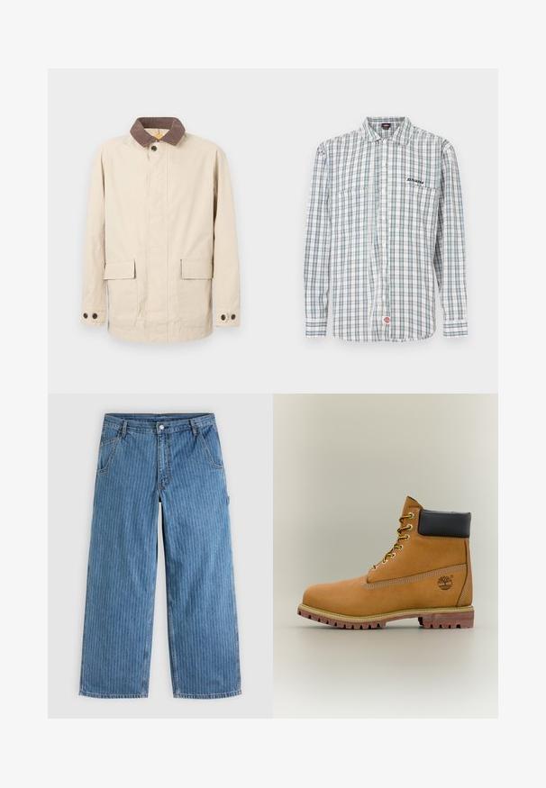 Veste beige en coton avec un col en velours côtelé marron, dotée de deux poches avant et de boutons décoratifs sur les manches.; Chemise à carreaux boutonnée en blanc, vert et bleu. Elle comporte des manches longues, un col, deux poches avant et une broderie de logo sur la poitrine.; Jean bleu à jambes larges avec fines rayures verticales blanches, poches avant, passants pour ceinture et fermeture par bouton à la taille.; Bottine en cuir marron avec col noir, lacets jaunes et semelle beige. Présente un logo et des détails de couture blanche. Semelle extérieure à traction robuste.