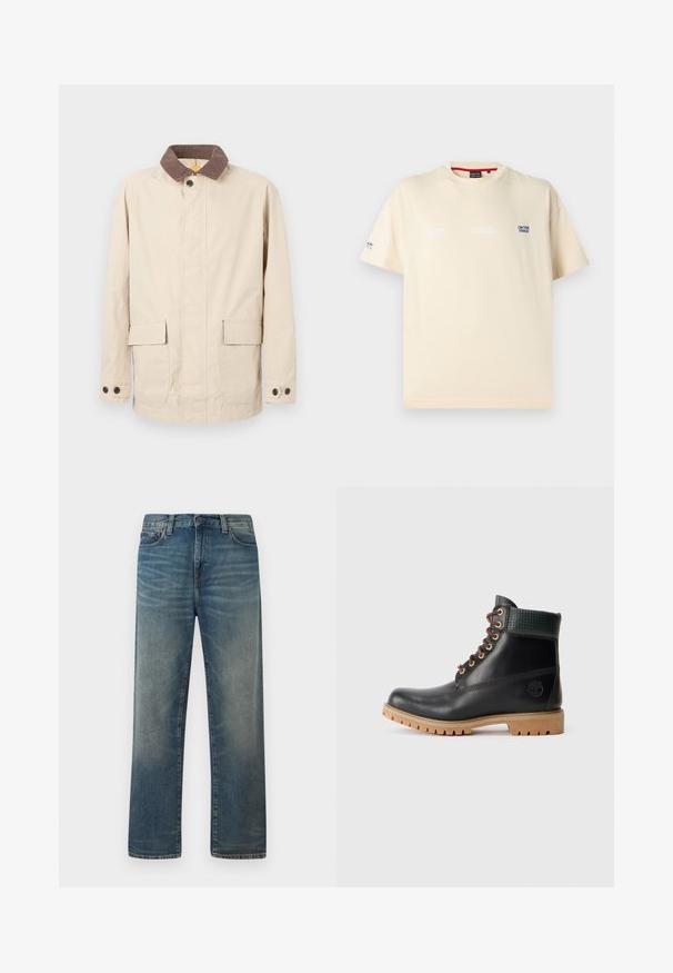 Beige jakke lavet af bomuld med en brun corduroy krave, der har to frontlommer og knapdetaljer på ærmerne.; Beige kortærmet t-shirt med rund hals og små blå og hvide trykte bogstaver "ON THE TRACK" på brystet samt et logo på venstre ærme.; Blå jeans med lige ben, falmet vask, frontknap og lynlås samt klassisk fem-lomme-design.; Sort læder ankelstøvle med brune snørebånd, polstret grøn krave og tan gummisål med dybe riller, set fra siden på hvid baggrund.