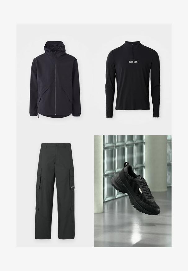 Veste légère noire avec une capuche, fermeture éclair avant et deux poches latérales. Équipée de poignets élastiques et d'un ourlet réglable pour un ajustement confortable.; Haut noir à manches longues avec un col montant, doté d'une fermeture éclair quart et du logo "CALVIN KLEIN" en blanc à l'avant. Tissu lisse et extensible.; Pantalons cargo noirs à jambes droites avec poches latérales à rabat, fermeture à bouton, passants de ceinture et petit logo blanc sur le rabat de la poche droite.; Basket sportive noire avec des panneaux latéraux en mesh et une semelle épaisse flottant à l'intérieur près de blocs de verre et de colonnes sur un sol lisse.