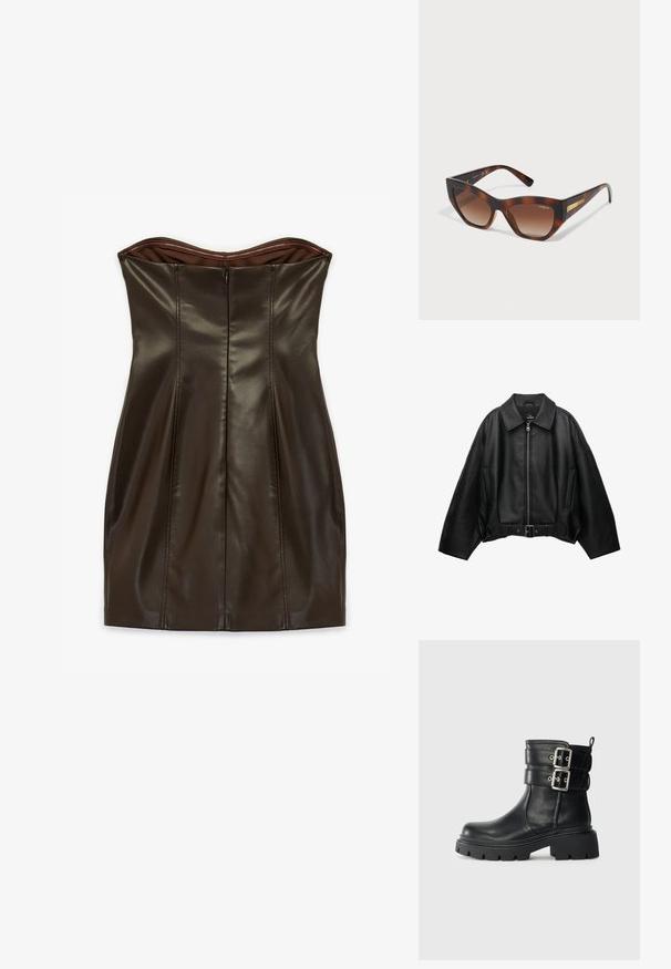 Schwarze Lederjacke mit weitem Kragen, Reißverschluss, Seitentaschen und tailliertem Gürtel. Verfügt über eine lockere Passform und eine strukturierte Oberfläche.; Braunes Kunstleder-strapless Kleid mit tailliertem Oberteil, vertikalen Nähten, einem gefalteten Design und einem Reißverschluss auf der Rückseite.; Schwarze Lederknöchelstiefel mit dicker Sohle und zwei silbernen Schnallenriemen an der Seite, isoliert auf einem hellen Hintergrund.; Cat-Eye-Sonnenbrille mit einem glänzenden Schildpatt-Rahmen, sich verlaufenden braunen Gläsern und goldenen Akzenten an den Bügeln.
