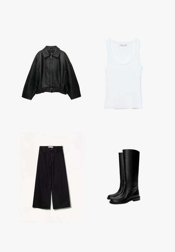 Zwarte lederen jas met een brede kraag, ritssluiting, zijzakken en een tailleband met riem. Heeft een losse pasvorm en een gestructureerd materiaal.; Effen witte mouwloze tanktop met ronde hals, gemaakt van zachte stof, met een label aan de binnenkant van de kraag dat merk en maat aangeeft.; Zwarte wijde jeans van denim. Heeft een hoge taille, voor- en achterzakken en zilveren hardware op de knoop en rits.; Zwarte leren kniehoge laarzen met een gladde textuur, ronde neus, platte zool en minimalistisch ontwerp, met gestikte naden en zonder zichtbare hardware.