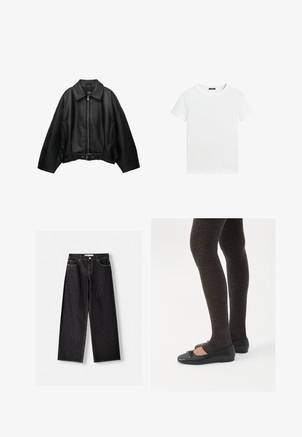 Sort læderjakke med bred krave, lynlåslukning, sidelommer og bælte i taljen. Har en løs pasform og tekstureret materiale.; Almindelig hvid T-shirt med korte ærmer, rund halsudskæring og lille sort label inden i kraven.; Sorte vidde bukser i denim med forlommer og sølvfarvet knaplukning, lagt fladt på en lysegrå baggrund.; Ben iført mørke ribbede leggings kombineret med sorte balletsko med små sløjfedetaljer på hvid baggrund.