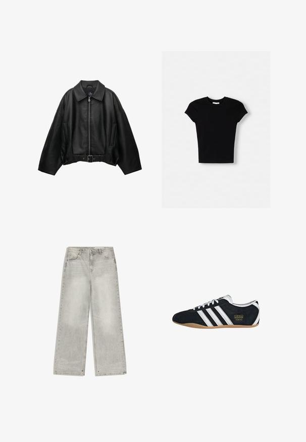 Sort læderjakke med bred krave, lynlåslukning, sidelommer og bælte i taljen. Har en løs pasform og tekstureret materiale.; Sort kortærmet t-shirt lavet af bomuld. Tætsiddende design, rund hals og glat tekstur. Ingen mønstre eller ekstra hardware synligt.; Grå denim jeans med brede ben har en falmet finish, fem lommer og metalhardware. Stoffet har en blød tekstur med en ren kant.; Sort ruskinds sneaker med hvide tre striber, guldlogo og en brun gummisål. Har et lavprofil snørebåndsdesign.