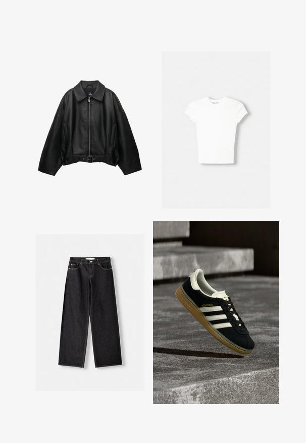 Zwarte lederen jas met een brede kraag, ritssluiting, zijzakken en een tailleband met riem. Heeft een losse pasvorm en een gestructureerd materiaal.; Witte t-shirt met korte mouwen van zachte katoen, met een ronde halslijn en een getailleerde vorm. Geen zichtbare patronen of versieringen.; Zwarte jeans met wijde pijpen, voorzakken en zilveren knoopsluiting, plat gelegd op een lichtgrijze achtergrond.; Zwarte Adidas München sneaker met witte strepen en eenbruine zool zwevend boven getextureerde betonnen trappen.